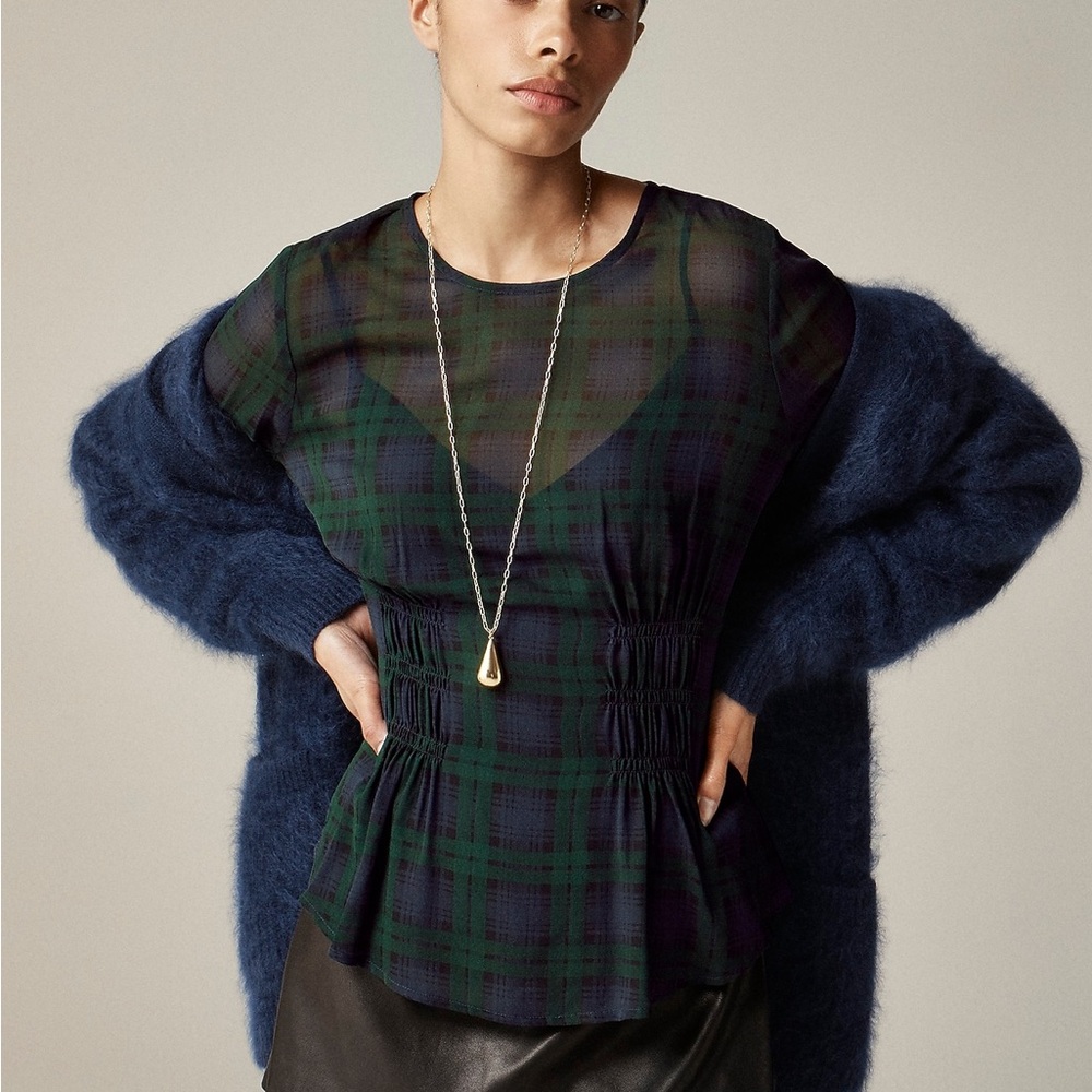 J. Crew Chiffon shirred-waist top in Black Watch tartan dark academia old money